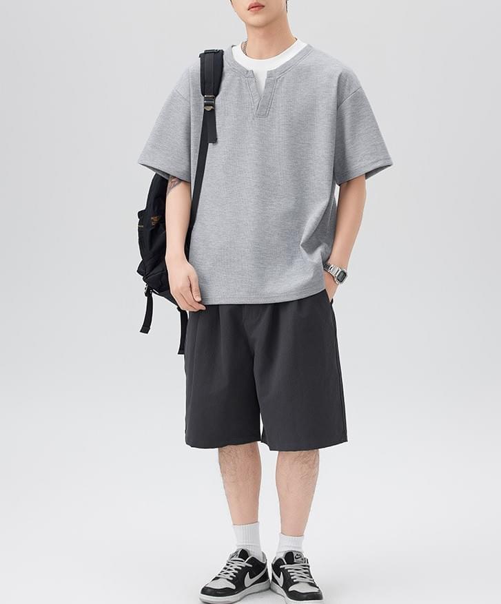 日系層次假兩件式設計 Waffle 透氣短袖 T-Shirt [SBT-1348]