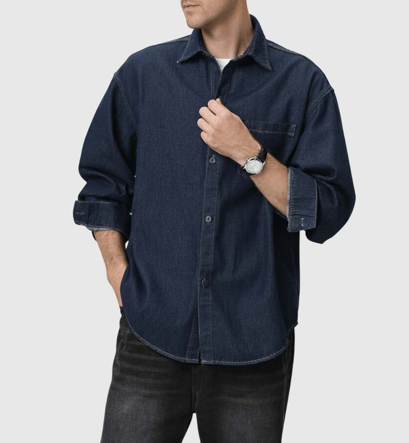 復古基礎前袋原色牛仔 純棉水洗長袖恤衫 [SBS-1346]