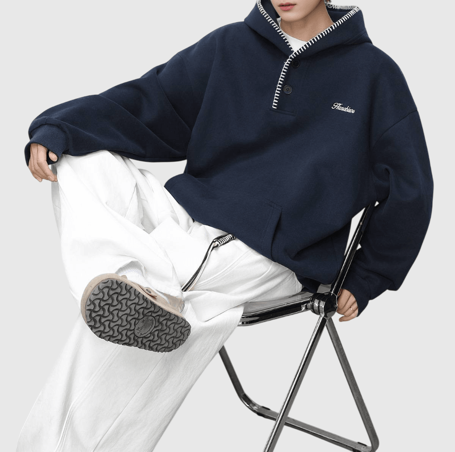 日系帽簷撞色縫線設計 半開領鈕扣連帽衛衣 [SBH-1344]