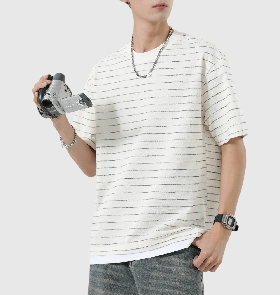 日系漸變色條紋假兩件式設計 短袖 T-Shirt [SBT-1491]