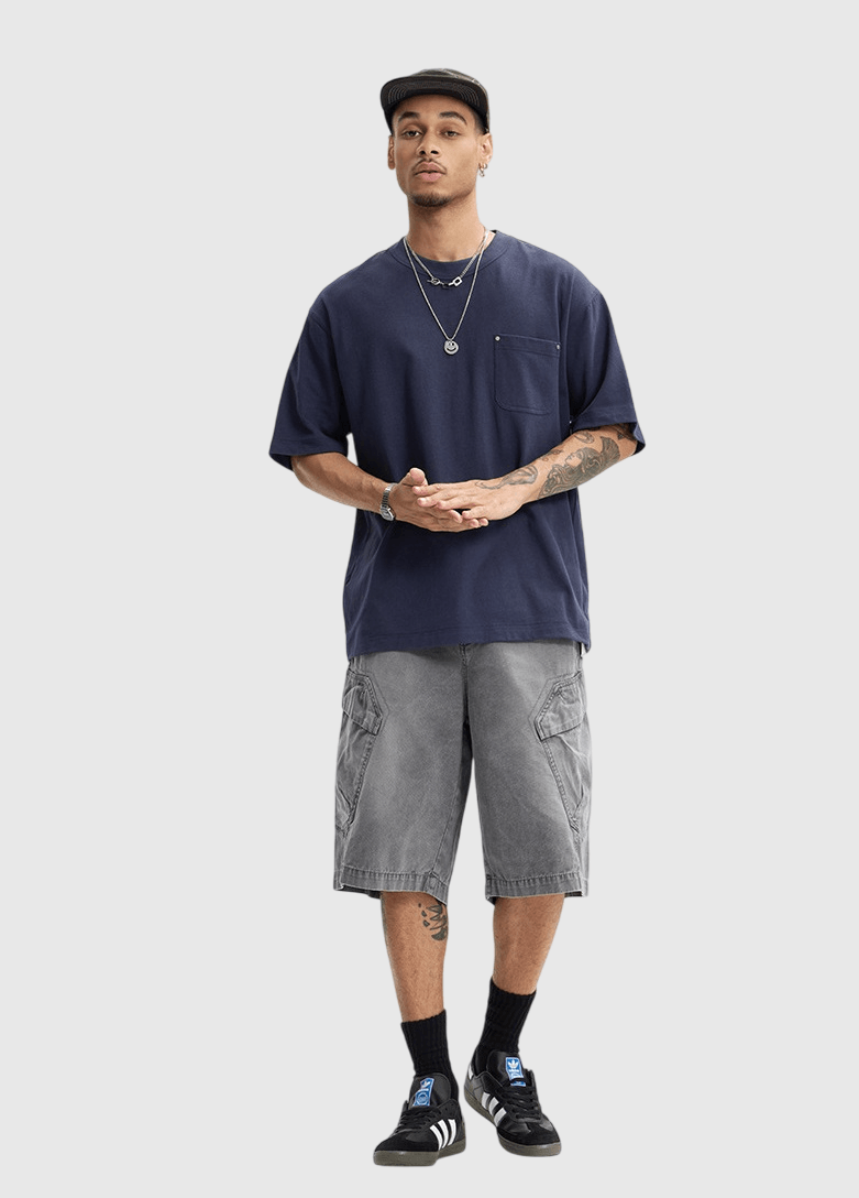 復古前袋鉚釘縫線設計 麻質短袖 T-Shirt [CBT-1271]