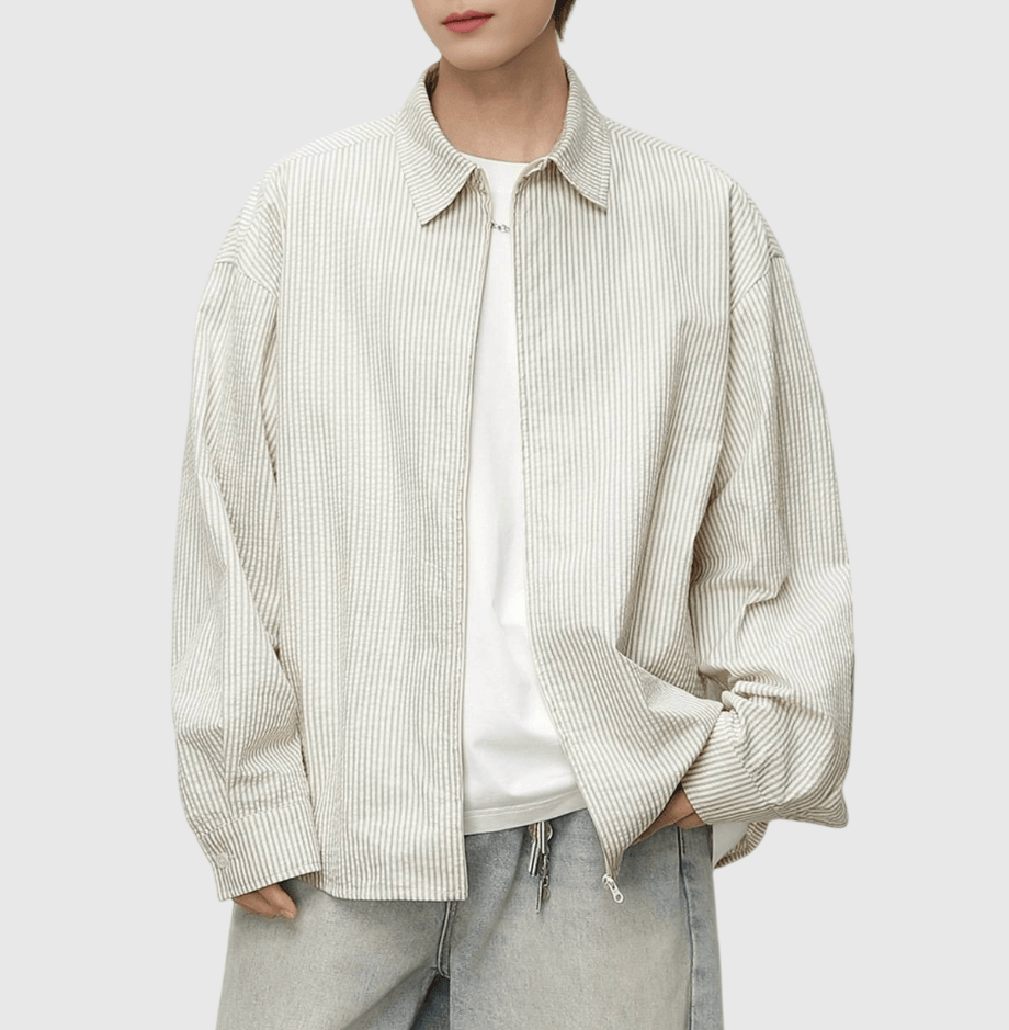 日系基礎垂直條紋紋理拉鏈設計 長袖恤衫 [SBS-1374]