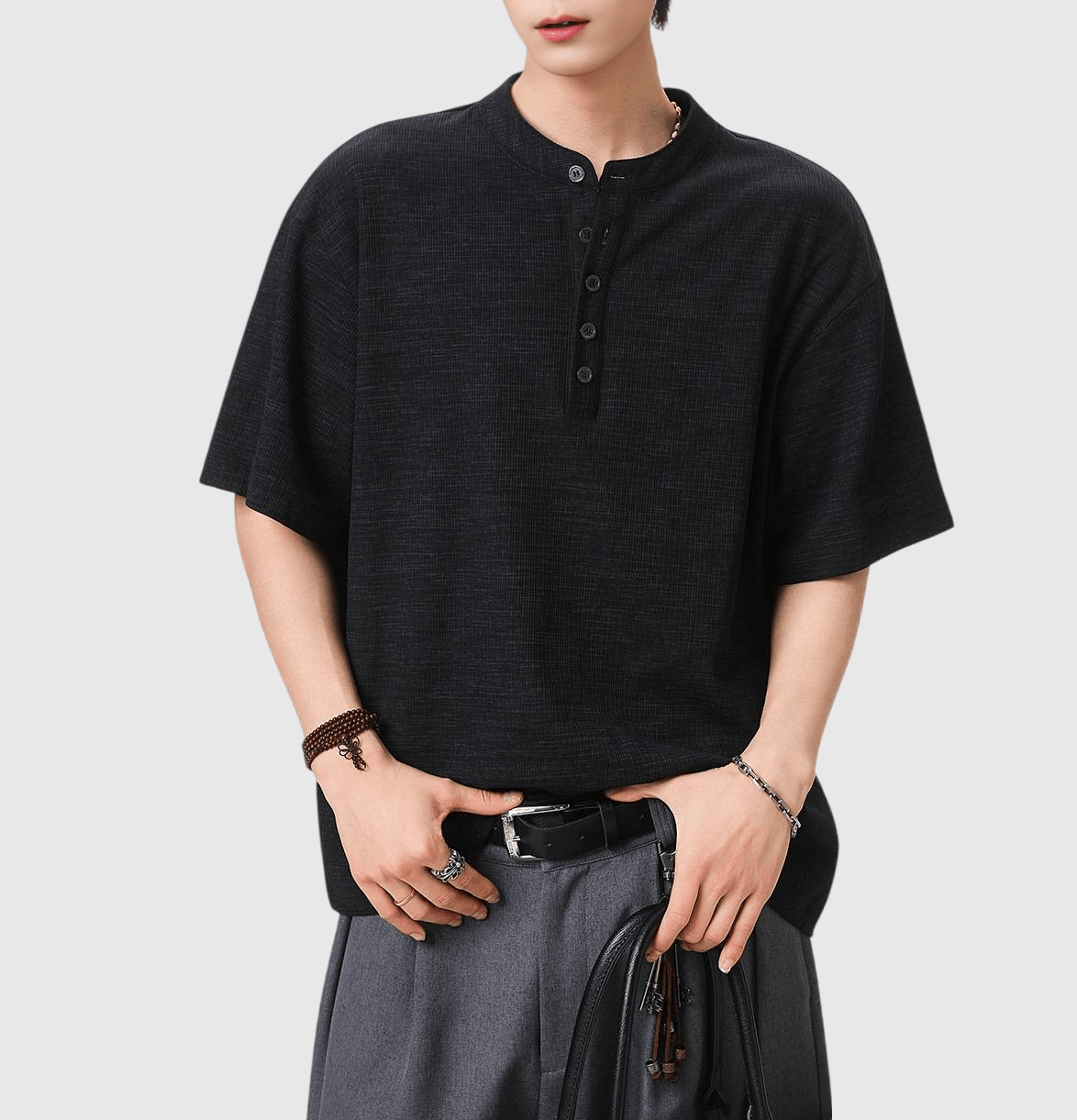 日系混色編織紋理設計 亨利領透氣短袖 T-Shirt [SBT-1552]