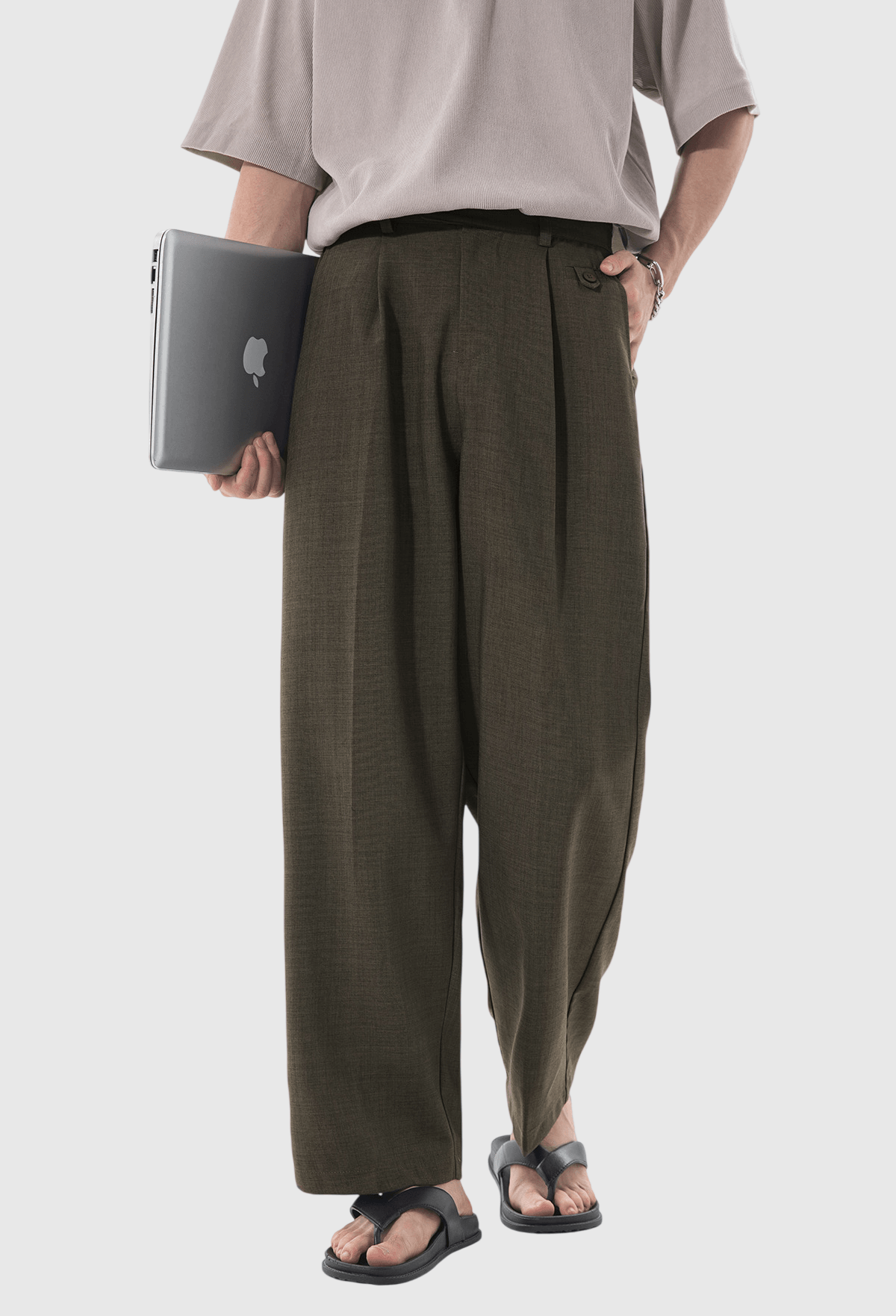 日系基礎鈕扣帶設計 垂感透氣闊腳西裝九分褲 [SBP-1205]