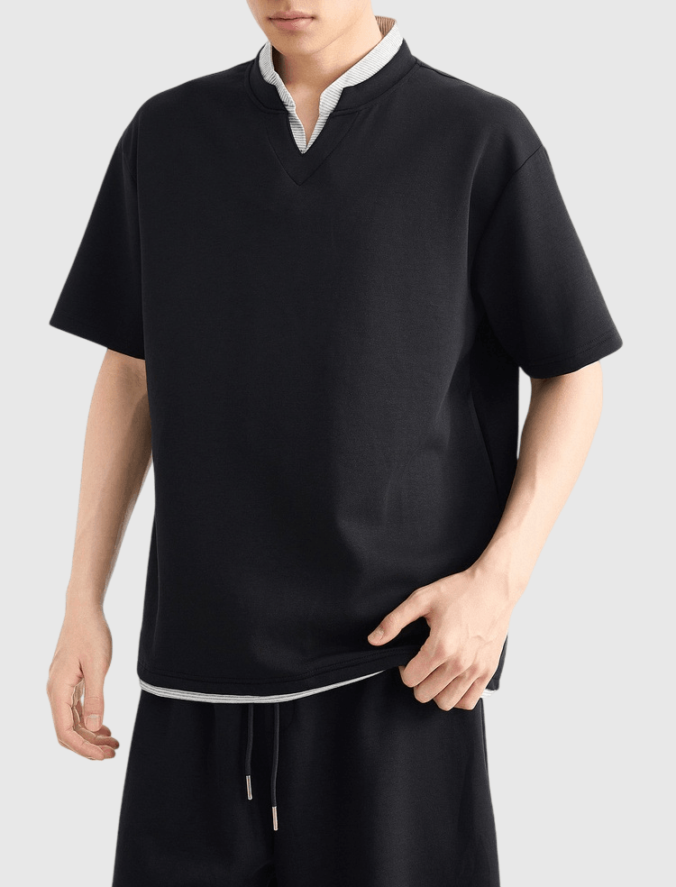 假式兩件結構恤衫條紋拼接 短袖 T-Shirt + 棉衛短褲 兩件套裝 [CBT-1574]