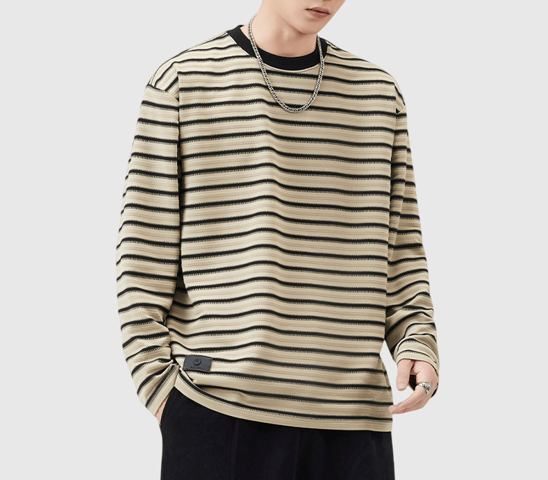 復古橫間條紋撞色立體編織 長袖 T-Shirt [SBT-1455]