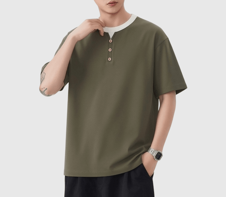 復古色系層次假兩件式鈕扣設計 短袖 T-Shirt [SBT-1569]