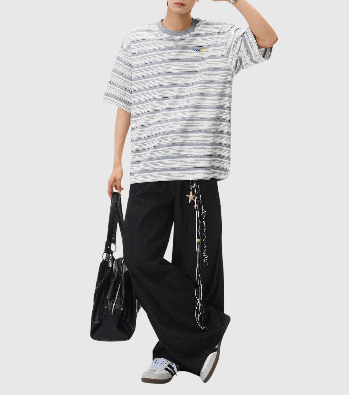 色系條紋撞色色彩細文字刺繡 純棉短袖 T-Shirt [SBT-1556]