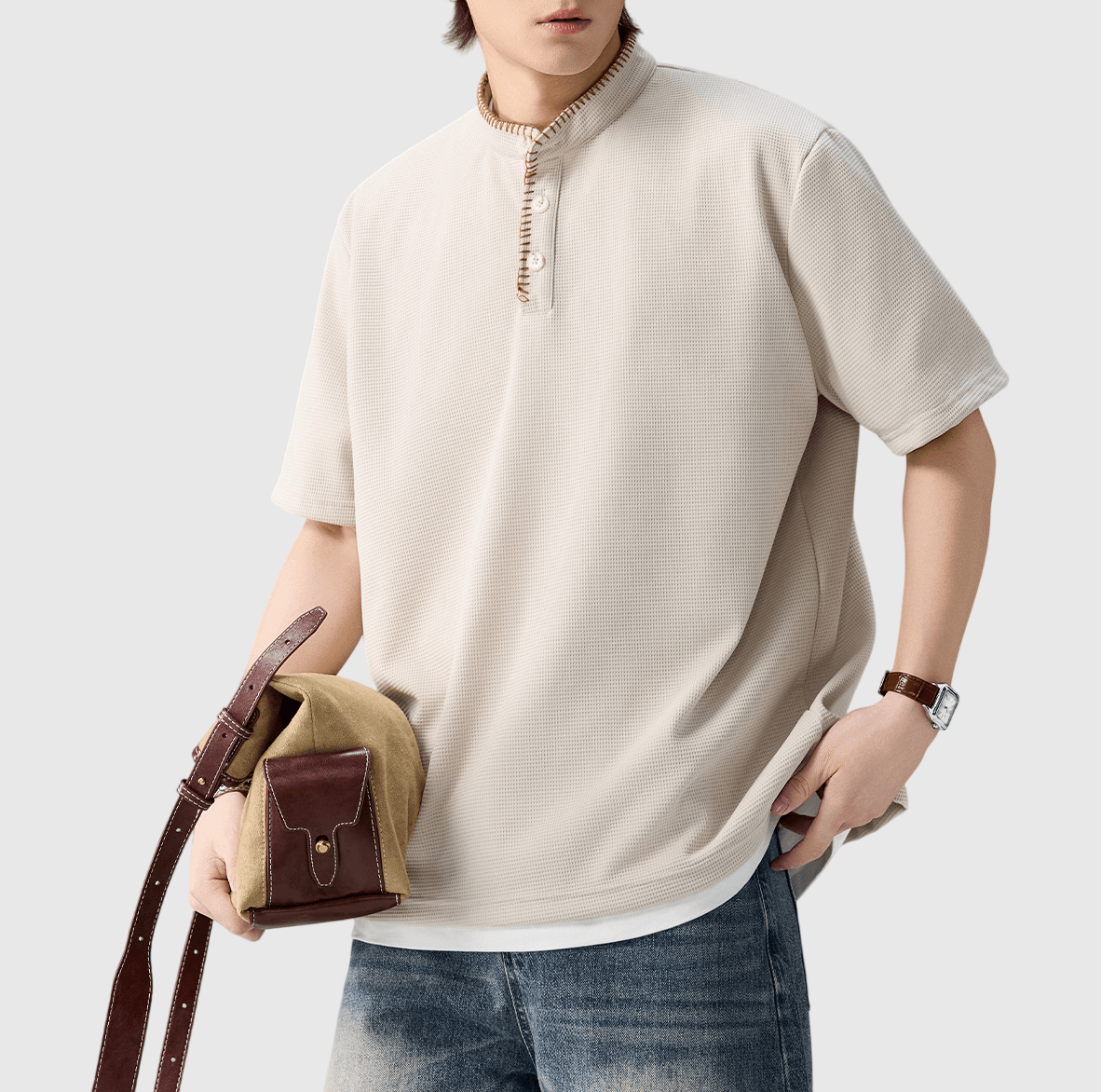 復古領口手工縫線設計 Waffle 半開領鈕扣短袖 T-Shirt [SBT-1566]