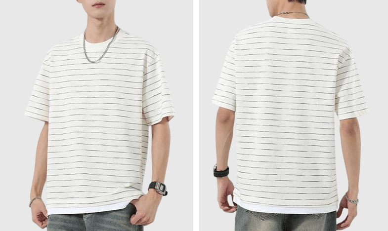 日系漸變色條紋假兩件式設計 短袖 T-Shirt [SBT-1491]