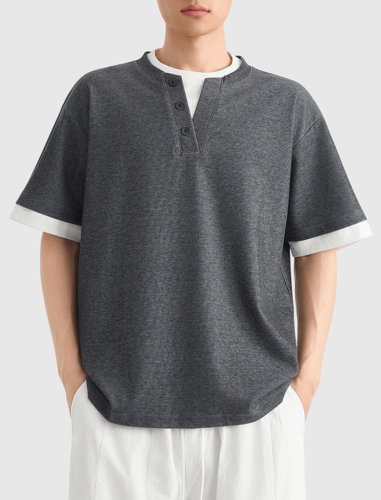 假兩件結構設計 亨利領鈕扣針織短袖 T-Shirt [CBT-1334]