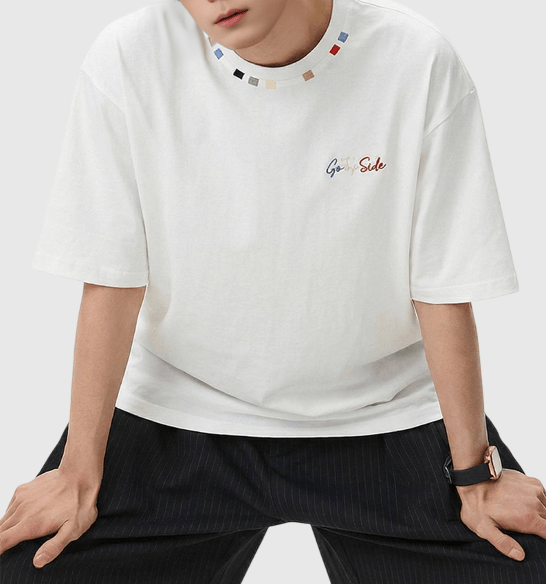 復古領口色彩設計刺繡 純棉短袖 T-Shirt [SBT-1484]