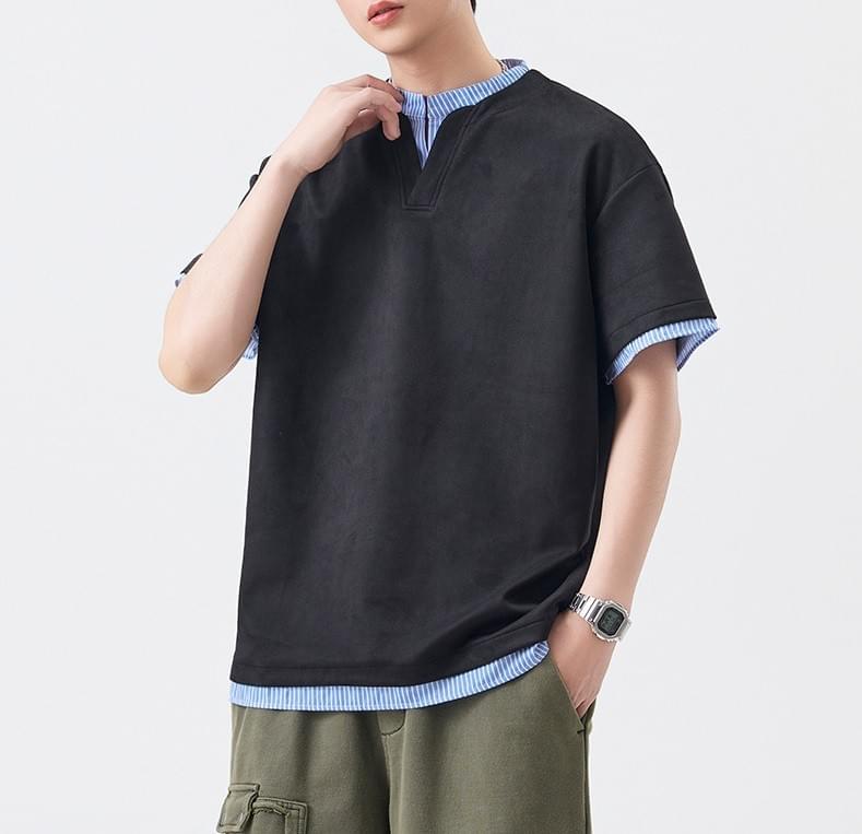 日系層次假兩件式恤衫縫紉拼接 短袖 T-Shirt [SBT-1446]
