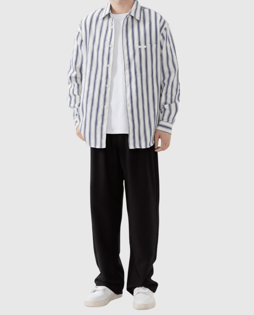 日系手袖牛仔布縫紉條紋色織 長袖恤衫 [SBS-1389]