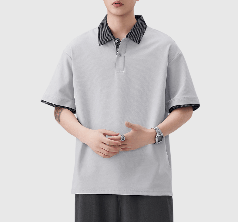 日系格紋假兩件式設計 短袖 POLO T-Shirt [SBT-1504]