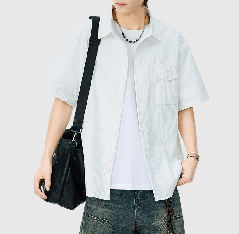 日系層次前袋立體肌理紋理設計 透氣短袖恤衫 [SBS-1398]