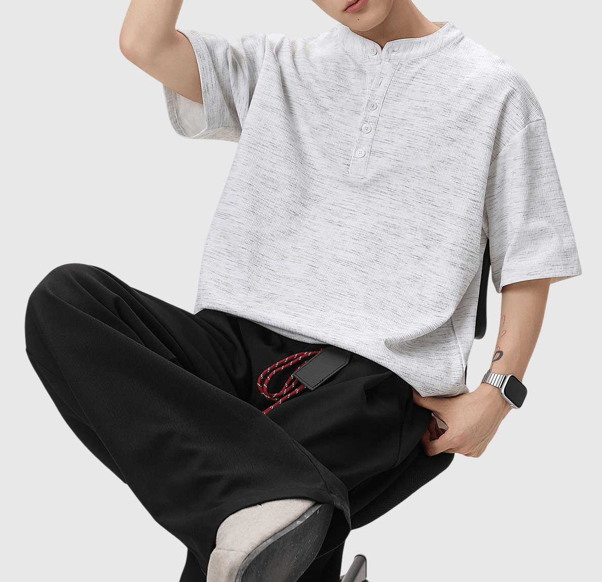 日系混色編織紋理設計 亨利領透氣短袖 T-Shirt [SBT-1552]