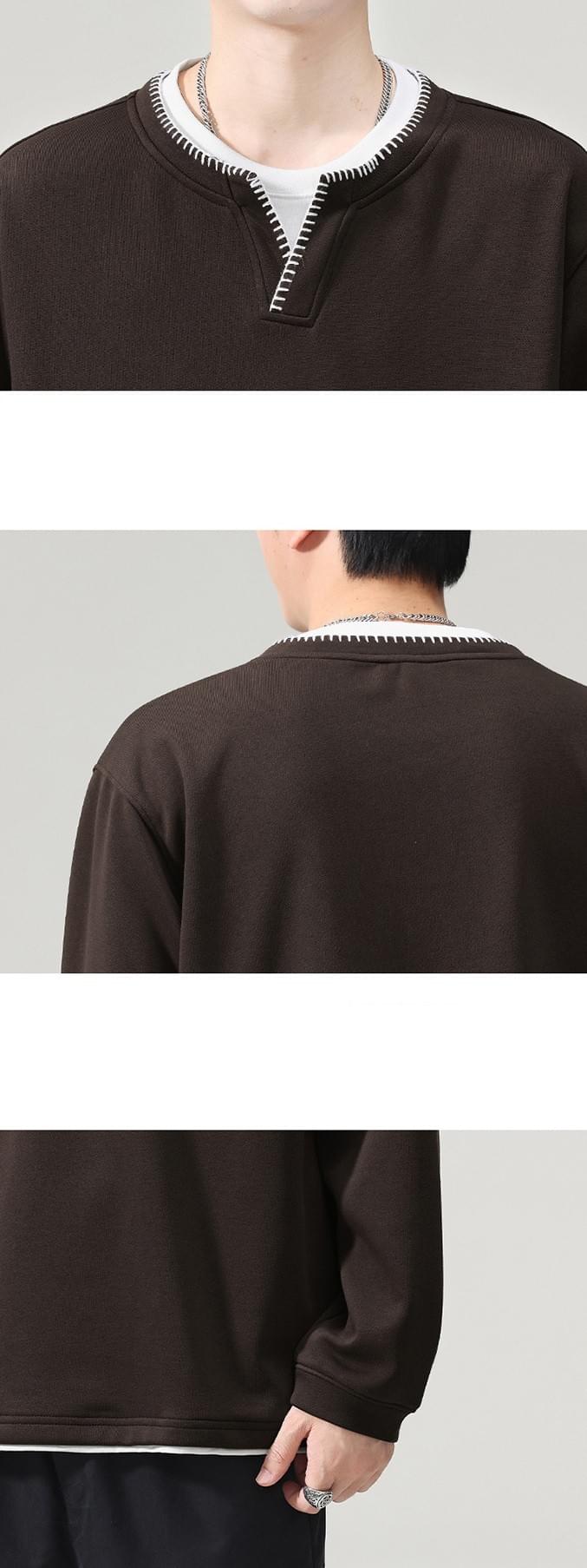 日系領口撞色手工縫線設計 假兩件式短袖 T-Shirt [SBH-1363]