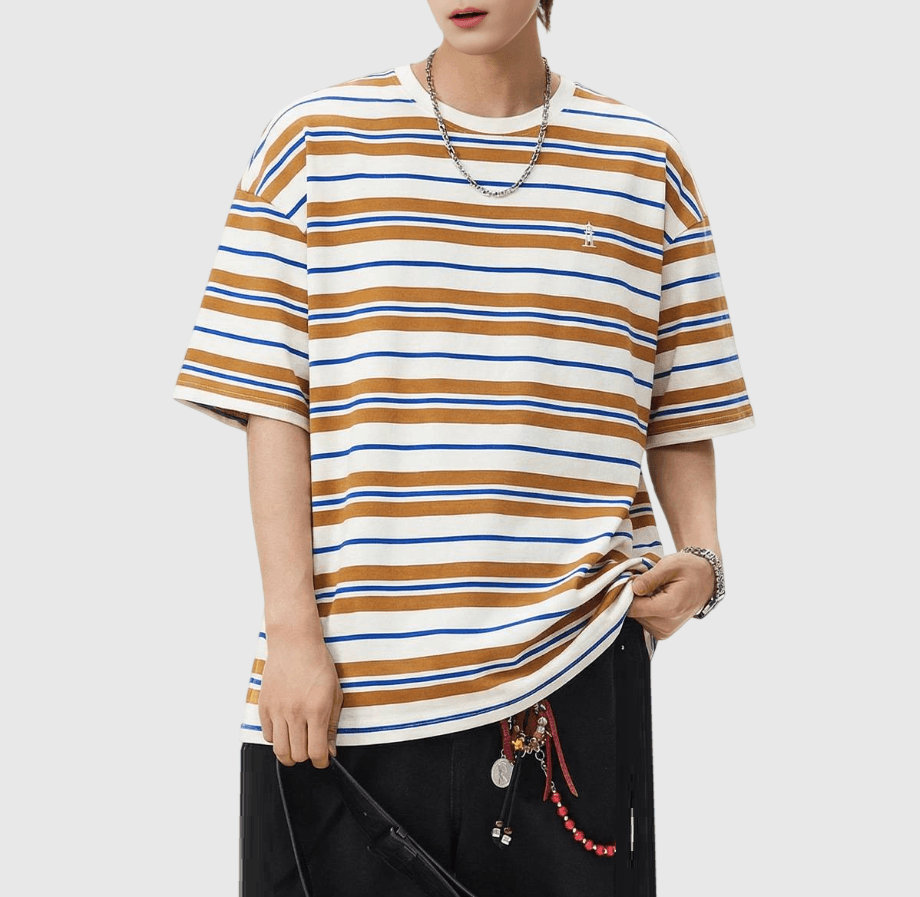 復古撞多色條紋燈塔小刺繡 純棉短袖 T-Shirt [SBT-1151]