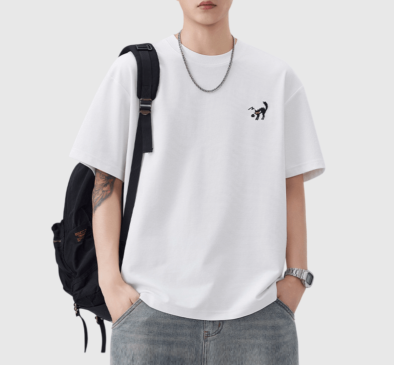 卡通貓仔細圖案刺繡 短袖 T-Shirt [SBT-1506]