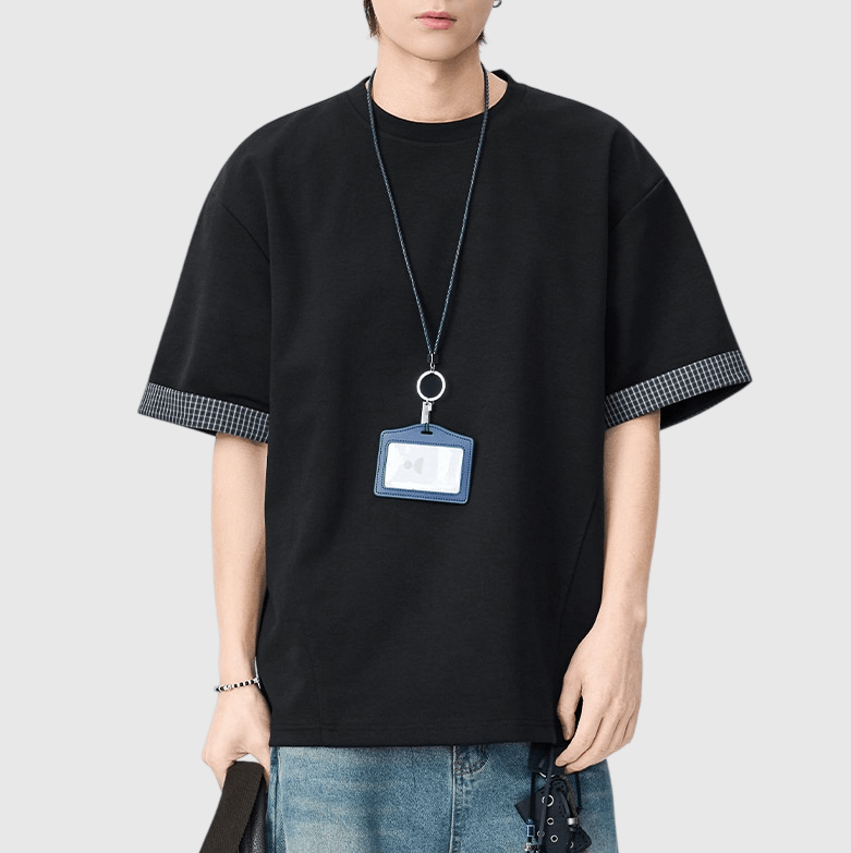 日系手袖格紋縫紉設計 短袖T-Shirt [SBT-1507]