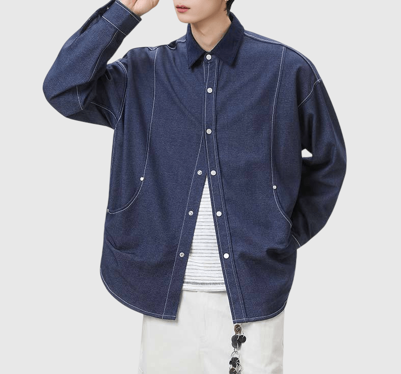 復古水洗立體撞色縫線工裝 長袖牛仔恤衫 [SBS-1380]