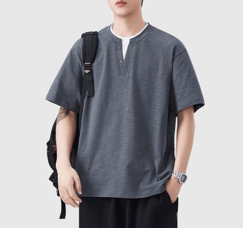 日系基礎層次假兩件式縫紉設計 亨利領純棉短袖 T-Shirt [SBT-1511]