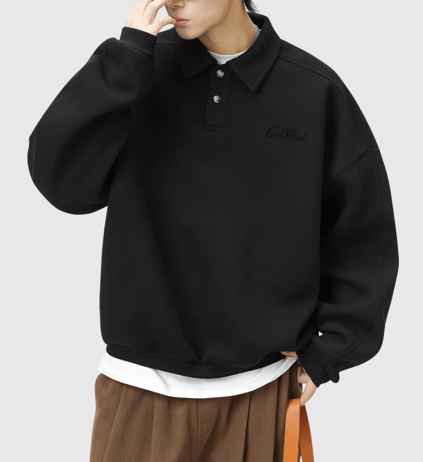日系基礎撞色細文字印燙 BOXY 短版 POLO 長袖衛衣 [SBH-1276]