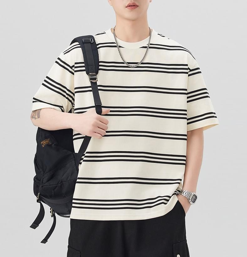 復古色織撞色條紋設計 短袖 T-Shirt [SBT-1412]