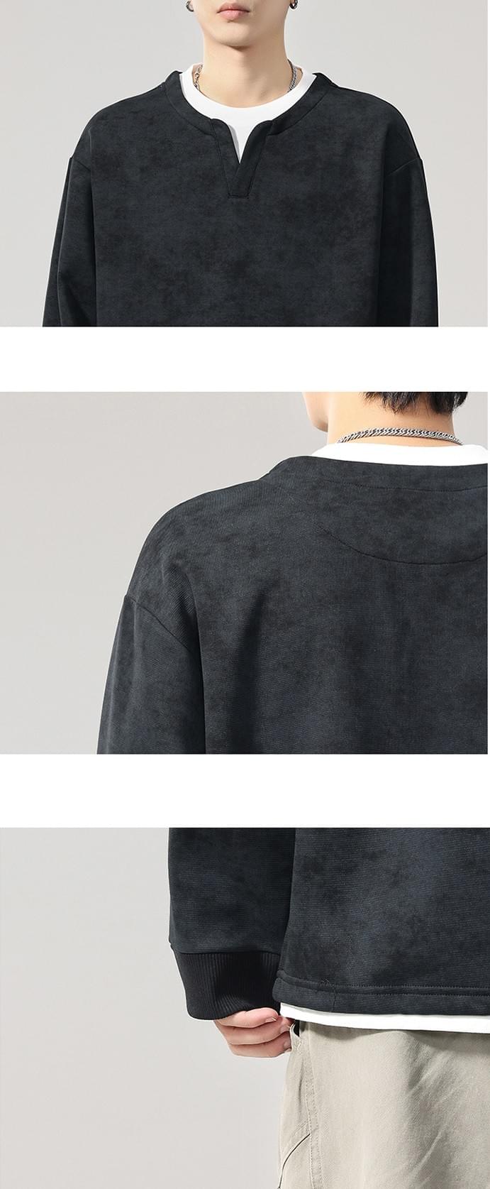 日系水洗紮染設計假兩件式 V 領重磅長袖 T-Shirt [SBT-1463] 