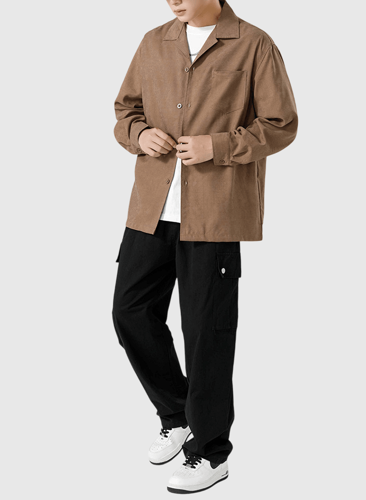 復古基礎大領口前袋設計 透氣垂感長袖恤衫 [SBS-1373]