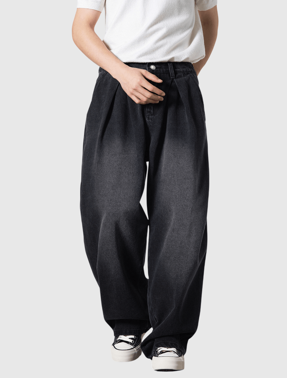 日系基礎洗水立體褶皺設計 闊腳牛仔直筒長褲 [SBP-1194]