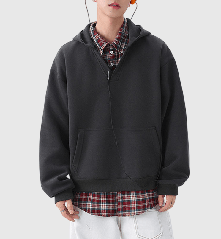 假兩件式格仔恤衫拼接 重磅連帽衛衣 [CBH-1023]
