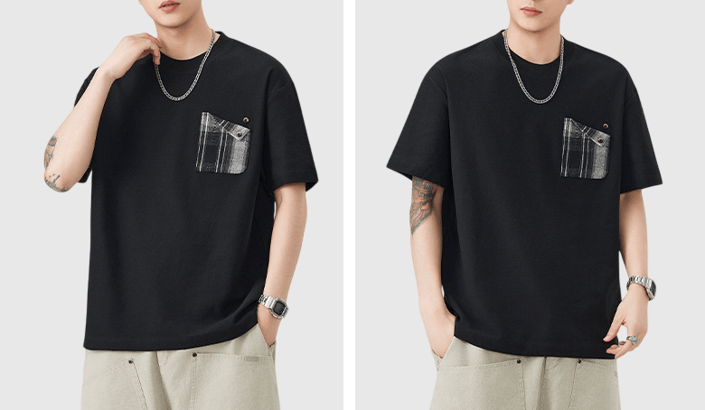 復古格紋前袋撞色拼接設計 短袖 T-Shirt [SBT-1568]