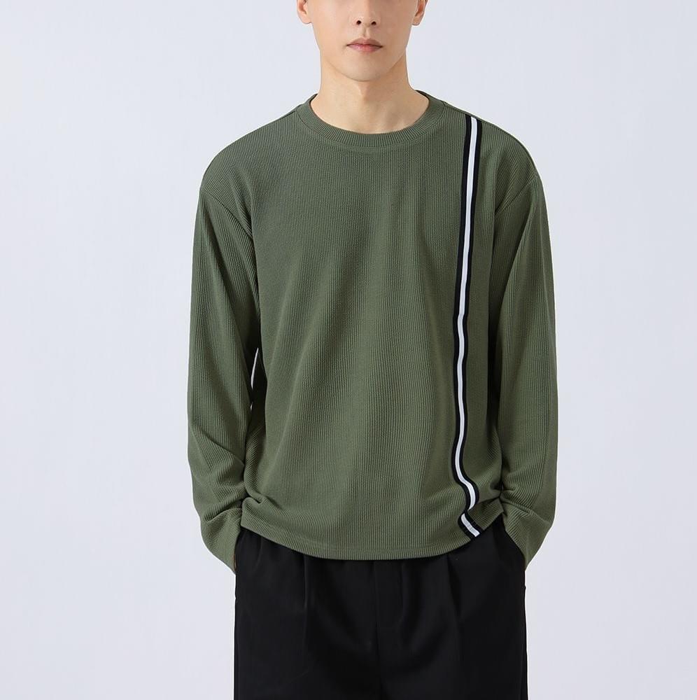 日系側身撞色縫線條紋 肌理紋理長袖 T-Shirt [CBT-1223]