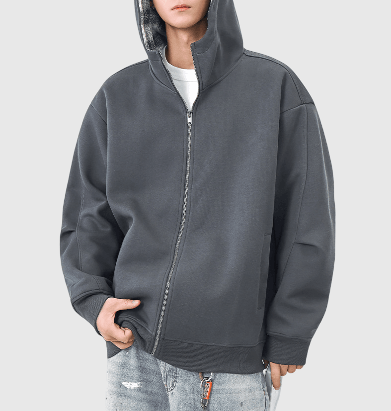 復古內層格仔紋理拼接 連帽拉鍊長袖衛衣外套 [SBO-1426]