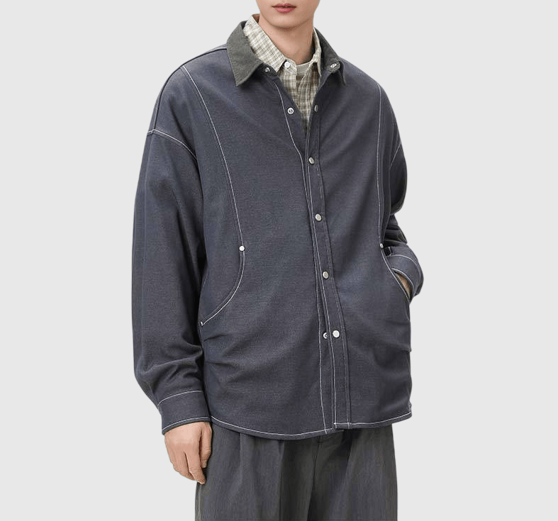 復古水洗立體撞色縫線工裝 長袖牛仔恤衫 [SBS-1380]