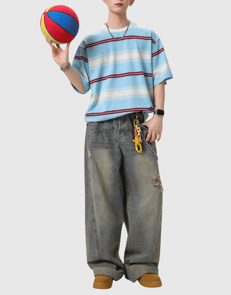 復古多色系撞色色織設計 純棉短袖 T-Shirt [SBT-1523]