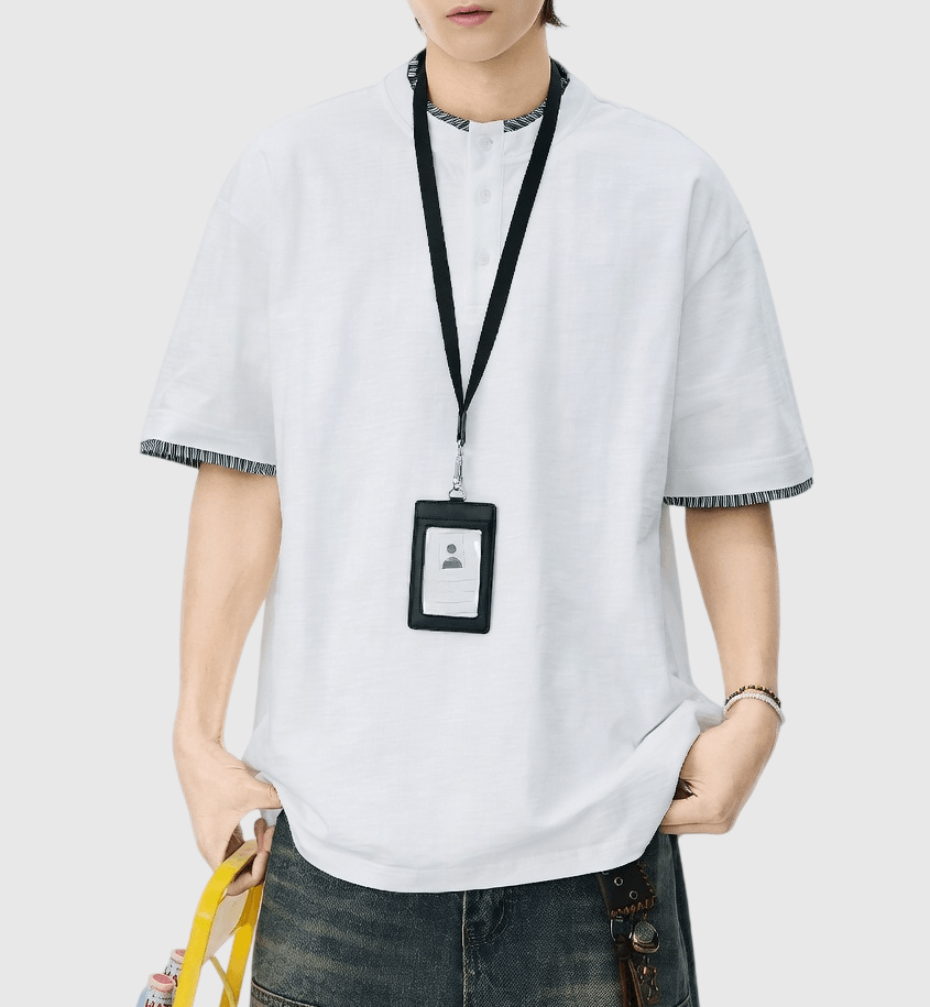 日系假兩件式條紋縫紉 亨利領純棉短袖 T-Shirt [SBT-1508]