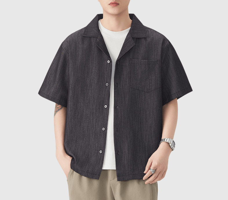 日系基礎微皺紋理 透氣垂感牛仔短袖恤衫 [SBS-1395]