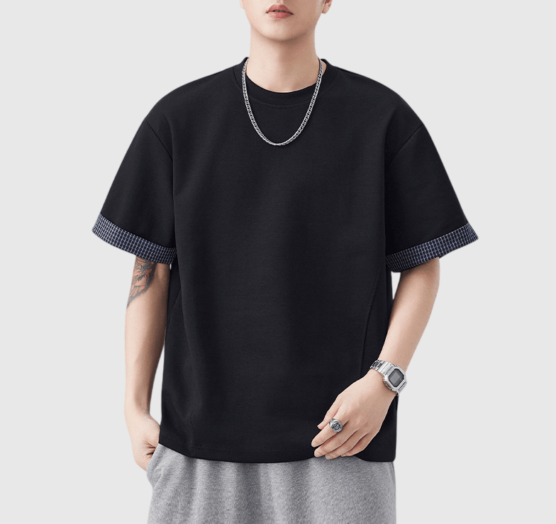 日系格紋假兩件式設計 短袖T-Shirt [SBT-1507]