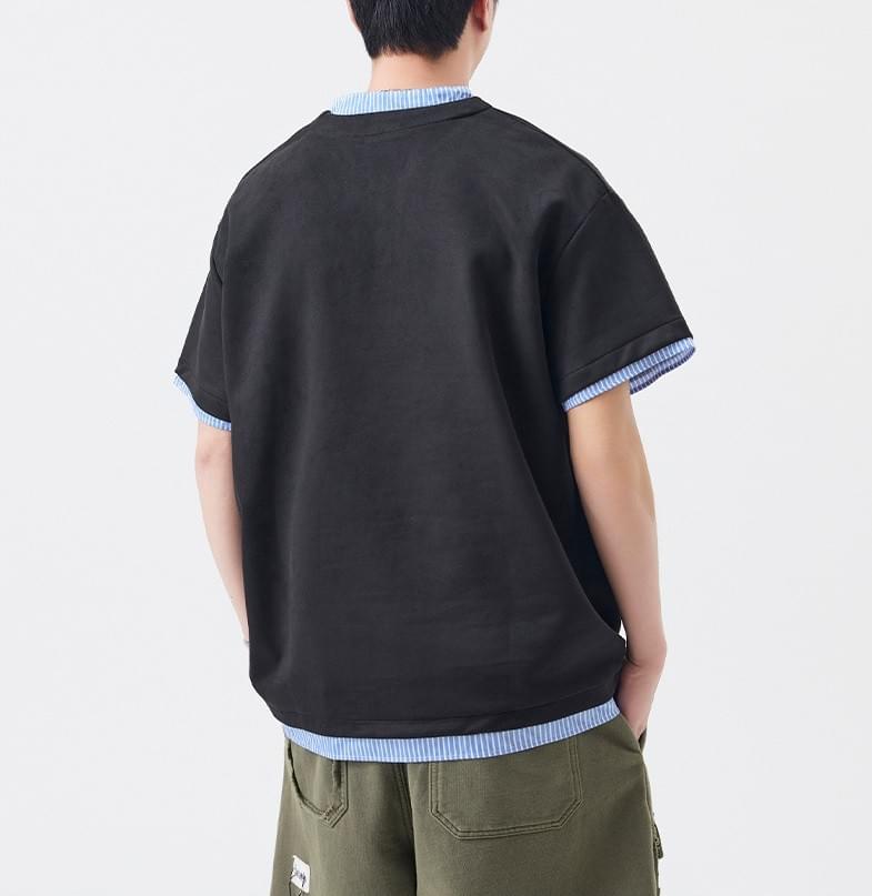 日系層次假兩件式恤衫縫紉拼接 短袖 T-Shirt [SBT-1446]