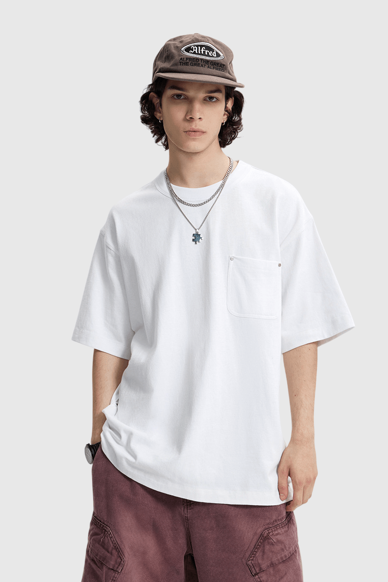 復古前袋鉚釘縫線設計 麻質短袖 T-Shirt [CBT-1271]