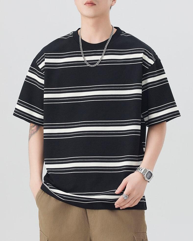 復古闊幼橫間條紋撞色 透氣短袖 T-Shirt [SBT-1107]