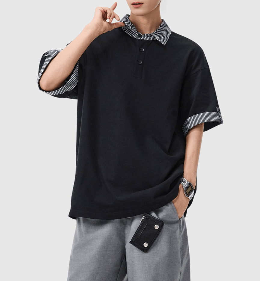 日系假兩件式條紋縫紉設計 短袖 POLO T-Shirt [SBT-1512]