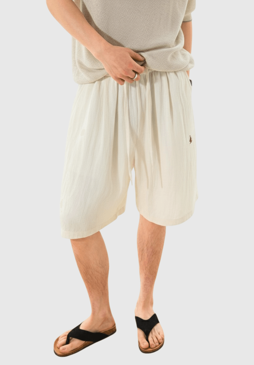 日系基礎輕便透氣細圖案刺繡 麻質垂感短褲 [SBST-1151]