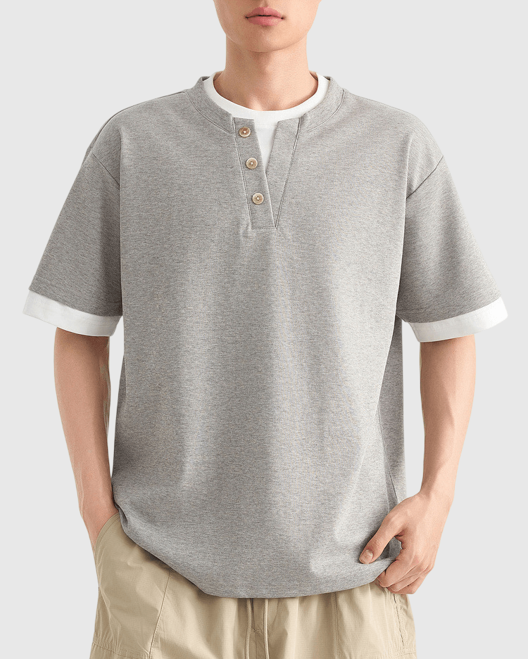 假兩件結構設計 亨利領鈕扣針織短袖 T-Shirt [CBT-1334]