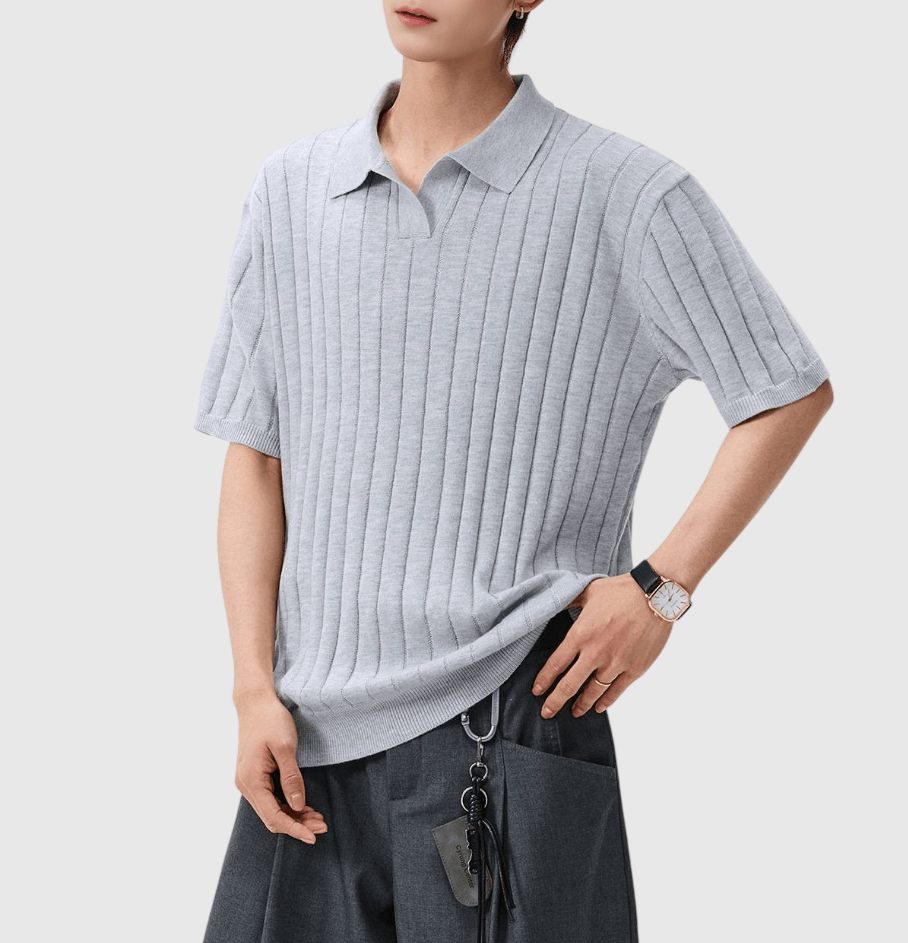 復古垂直肌理紋理 V 領 針織短袖 POLO T-Shirt [SBT-1474]