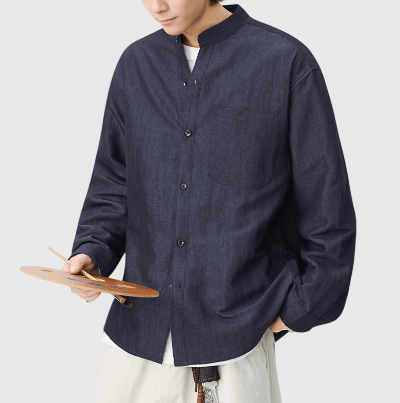 日系基礎微皺紋理 透氣半領長袖恤衫 [SBS-1390]