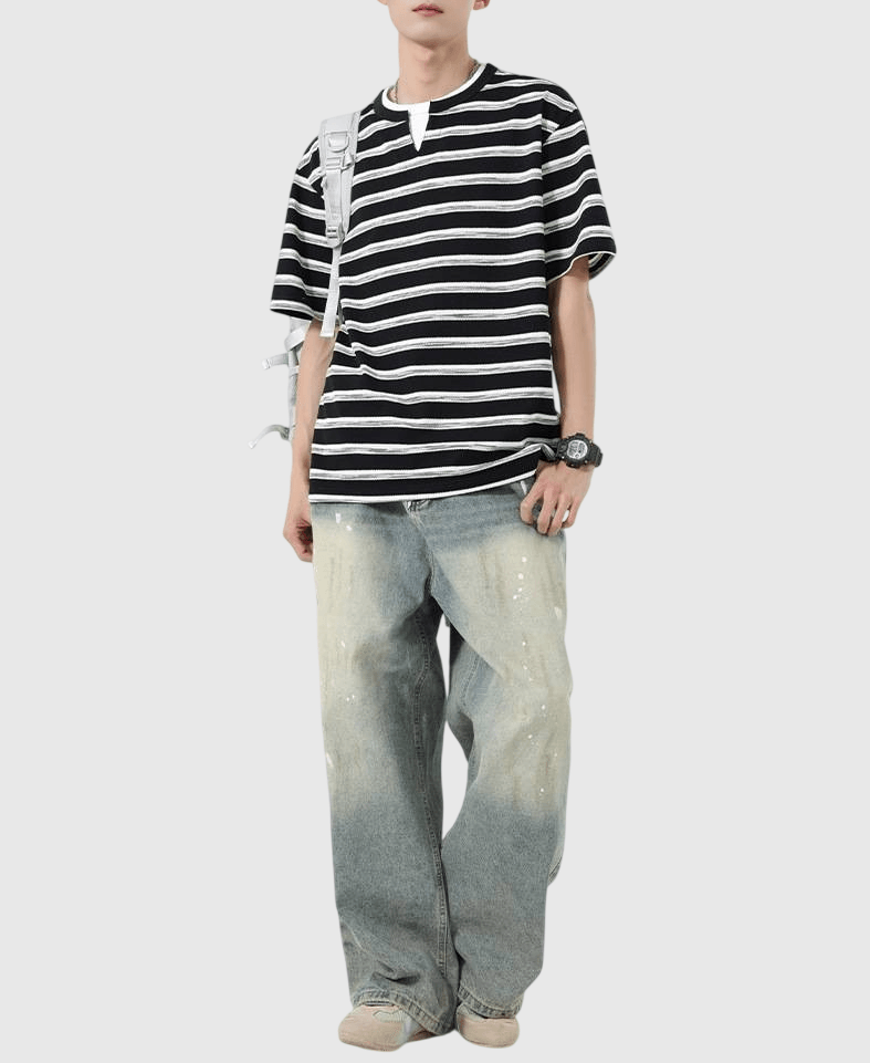 復古層次撞色橫間條紋設計 短袖 T-Shirt [SBT-1495]